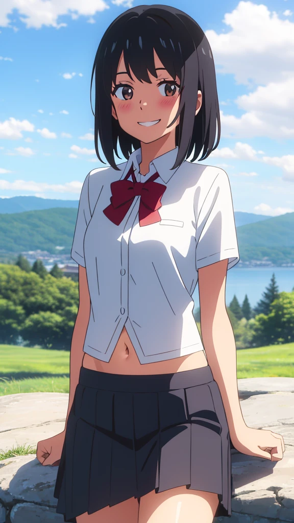shinkai makoto, kimi no na wa., 1girl, bangs, black hair, blush, expressive eyes, brown eyes, perfect face, looking at the viewer, school outfit, white collared shirt, exposed navel, red headband, red ribbon, red bow, bare shoulders, black skirt, short hair, solo, outdoors, shinny skin, smile, cute, grin, cloudy, blue sky, mountains, rocks, sitting, (masterpiece), best quality