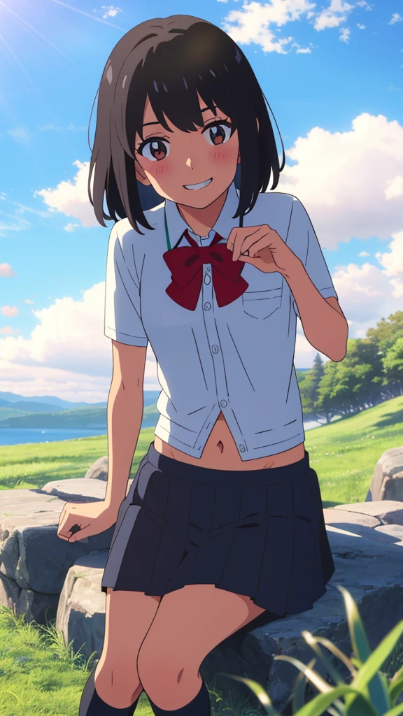 shinkai makoto, kimi no na wa., 1girl, bangs, black hair, blush, expressive eyes, brown eyes, perfect face, looking at the viewer, white shirt, exposed navel, bare shoulders, red headband, red bow, black skirt, short hair, solo, outdoors, shinny skin, smile, cute, grin, cloudy, blue sky, mountains, rocks, sitting, (masterpiece), best quality