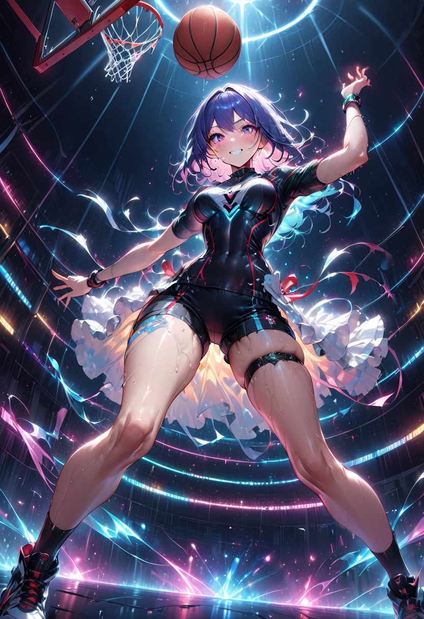 Young and beautiful woman,(Highest quality,Extremely detailed depiction,Incredible high resolution,Anatomically accurate depiction,software),(Glowing Skin,Glowing Skin,Sweat),basketballの選手,basketballのユニフォーム,basketball,Awesome dunk shot,Winning goal,background:basketballの試合中,From directly below:1.3
