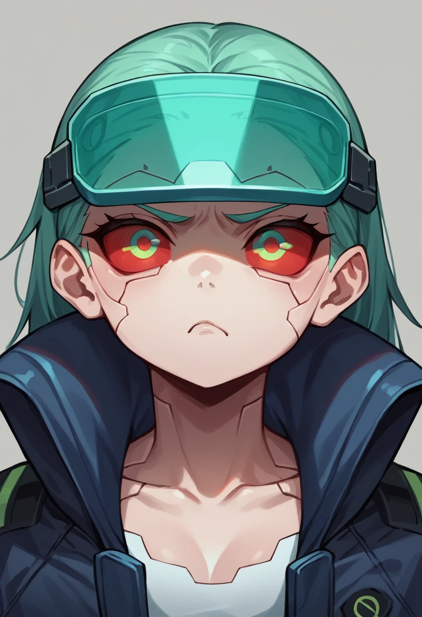 Anime agent girl, cyborg, blue-iah skin, veins in face, metalic visor eyes, red sclera, serious face, dark agent xothes