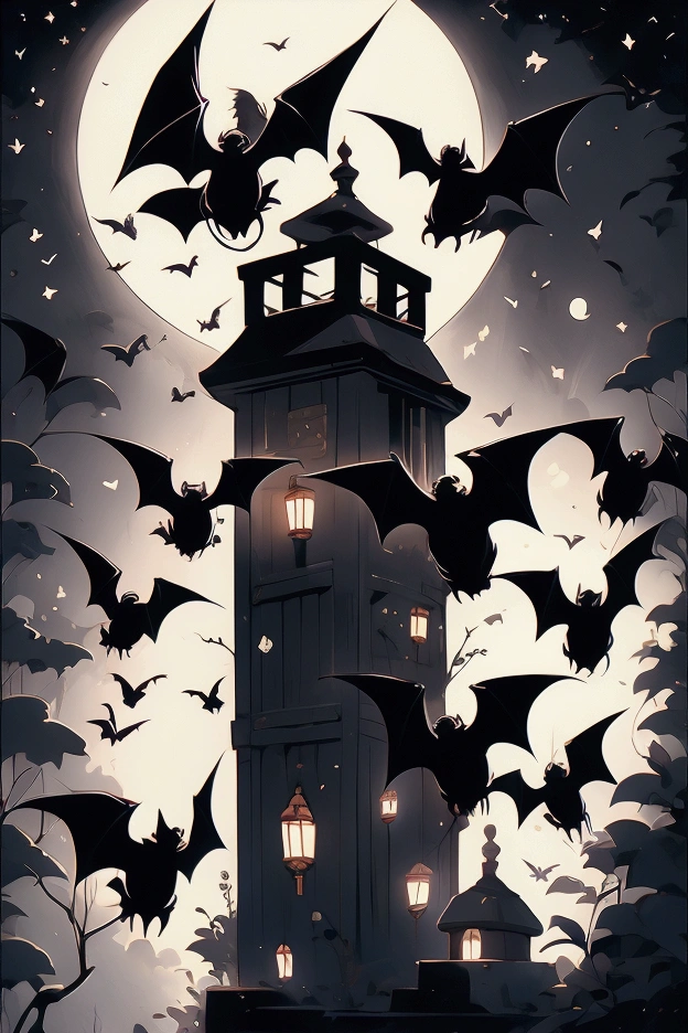 Black bats flying in the moonlight.
