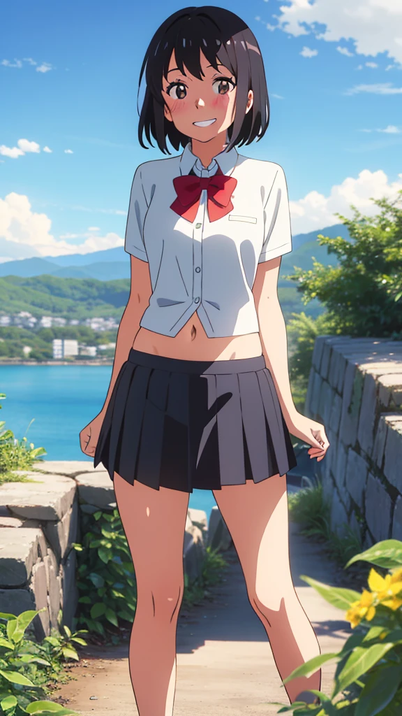 shinkai makoto, kimi no na wa., 1girl, bangs, black hair, blush, expressive eyes, brown eyes, perfect face, looking at the viewer, school outfit, white collared shirt, exposed navel, red headband, red ribbon, red bow, bare shoulders, black skirt, short hair, solo, outdoors, shinny skin, smile, cute, grin, cloudy, blue sky, mountains, rocks, standing, (masterpiece), best quality