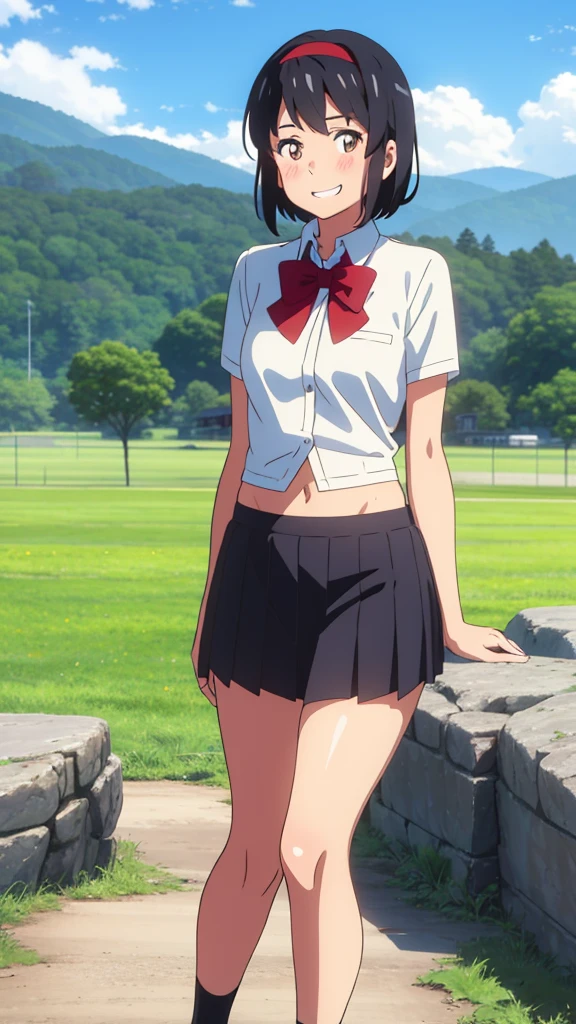 shinkai makoto, kimi no na wa., 1girl, bangs, black hair, blush, expressive eyes, brown eyes, perfect face, looking at the viewer, school outfit, white collared shirt, exposed navel, red headband, red ribbon, red bow, bare shoulders, black skirt, short hair, solo, outdoors, shinny skin, smile, cute, grin, cloudy, blue sky, mountains, rocks, standing, (masterpiece), best quality