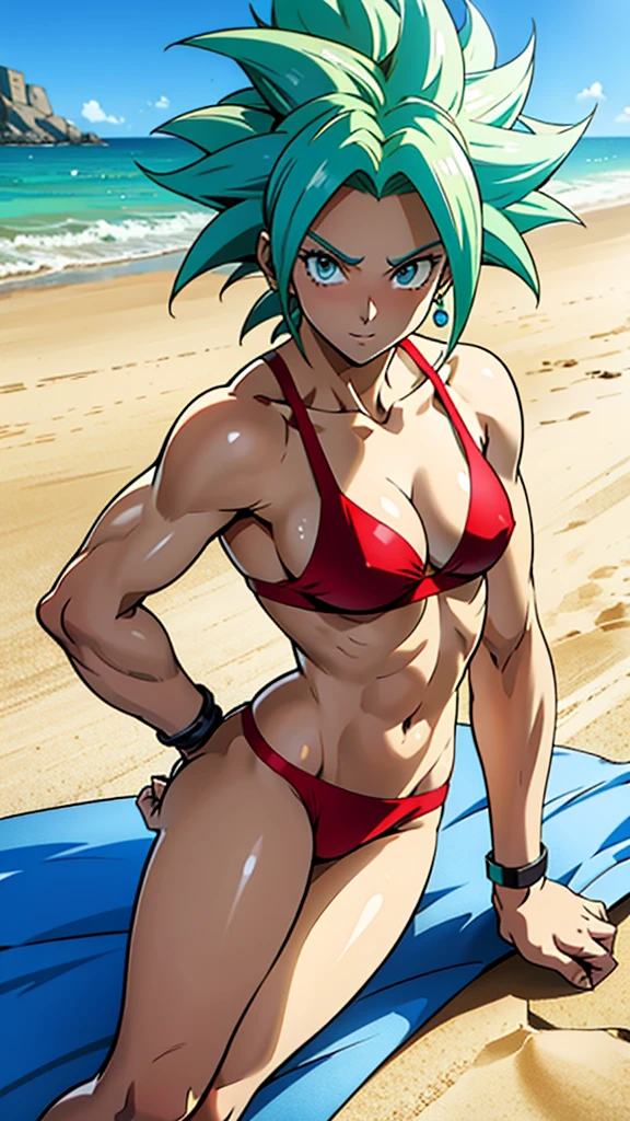 アニメ cel-shading Kefla, blue eyes, neon green hair, red bikini, on the beach in ((anime + manga + comics + cartoon) style)