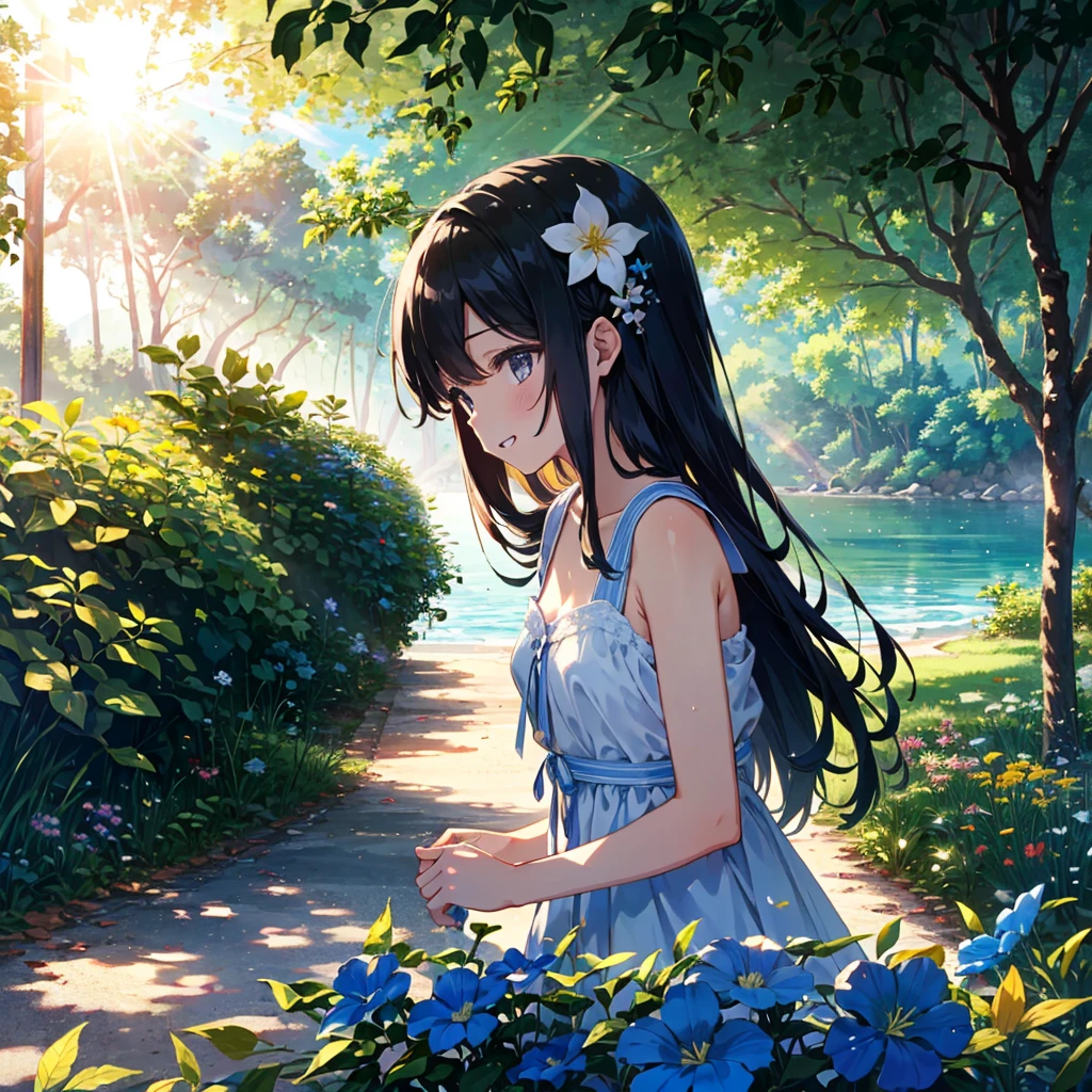 Adopted, colorful, very aesthetic, absurdes, masterpiece, top quality, Temporary, very delicate, high fantasy theme, , bionde, long hair, small breasts, hair ornament, Outdoors, Refreshing, Tyndall phenomenon, Lens flare, Movie shadow, Depth of field, Morning dew, Looking from the side, Cute, Wonderful, Beautiful, Dynamic angle, 1 girl, 7 years old, (Young: 2.0) , 独奏, grinning, beach, (比基尼), lots of flowers, hot, sunlight, Tyndall phenomenon,color々Perspective,