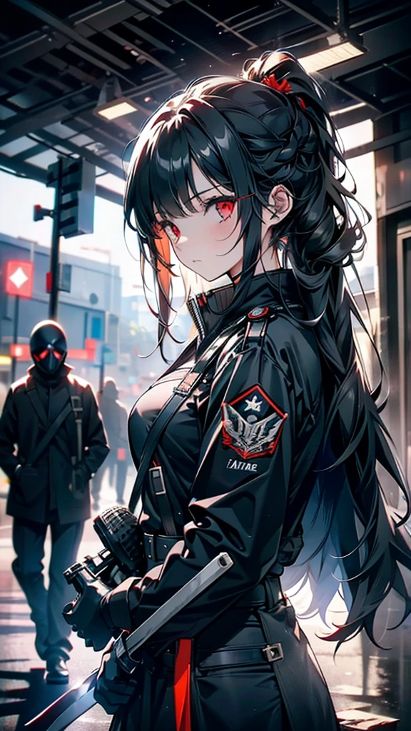 girl，Black mist hair，Gas masks，Black Helmet，Red eyes，Black military uniform，Armed with a machete，The country is everywhere，Everywhere we go is our territory