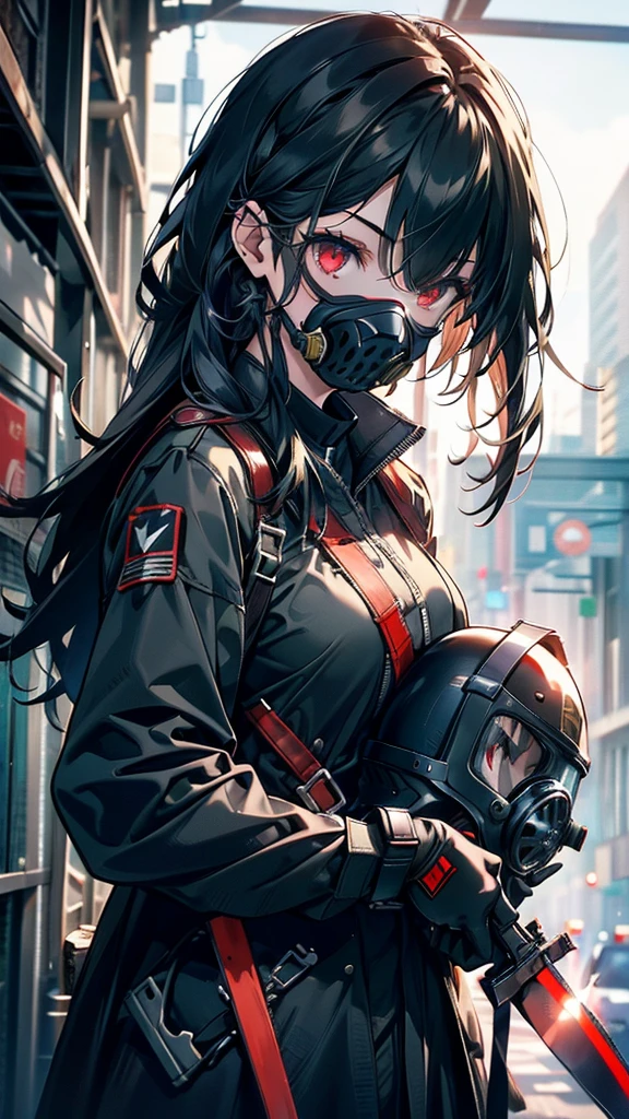 girl，Black mist hair，Gas masks，Black Helmet，Red eyes，Black military uniform，Armed with a machete，The country is everywhere，Everywhere we go is our territory