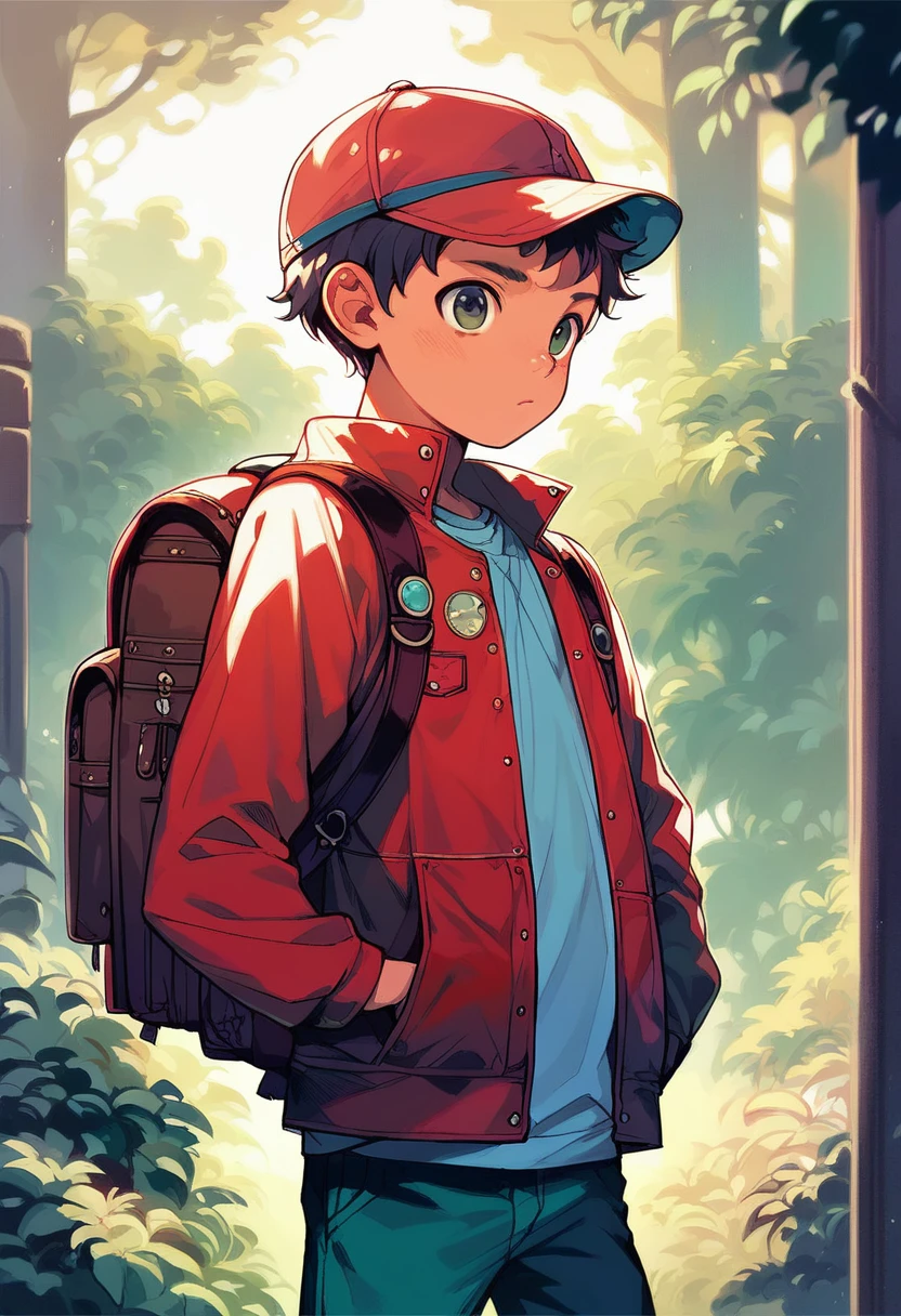 (((Masterpiece))), best quality, cowboy shot, perfect anatomy, realistic face, outdoors, sunny, warm sunlight, backlighting, painterly 1boy, (((shota))), wavy hair, solo, red jacket, three quarter view, cap, backpack, hand in pocket