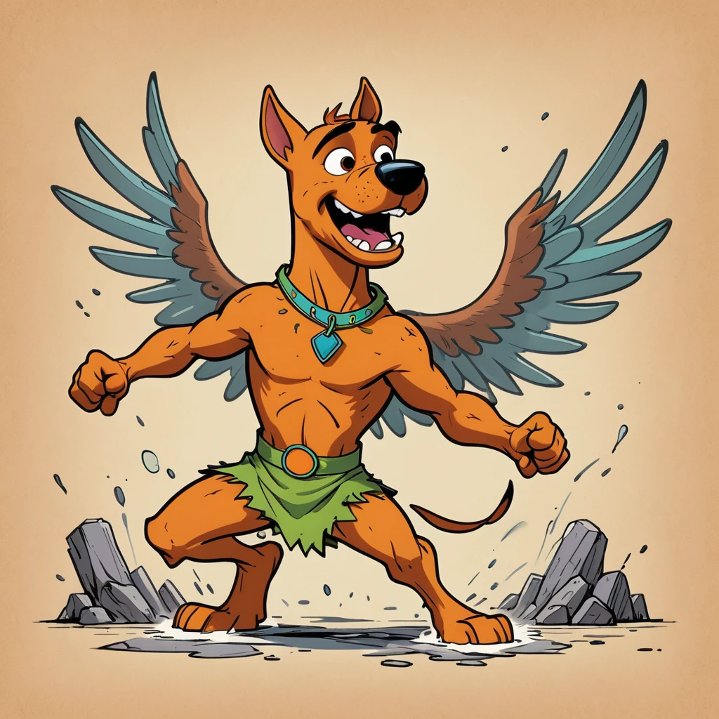 1960s design, vintage retro scrappy doo, screen grab Scooby Doo TV show, solid color design, 1960's Scooby Doo color style, expressive sketch bold ink lines, upright fists up to box, fighting stance, splash page comic, distinct scrappy doo design and iconic resemblance to the character scrappy doo, alone solo Scrappy Doo, flying, with wings, winged scrappy doo, ornate detailed feathers on wings, clearly scrappy doo, short small dog Scooby Doo distinct to original cartoon, scene is minimal, serene, perfect, strange, candid, cinematic, surreal, and timeless. The style is a mix of realism and cartoon, with 90s comic aesthetics, expressive ink work, cinematic compositions, and nuanced details. The style is reminiscent of Joelle Jones and 90's scooby doo animated tv show, scooby doo distinct art style,