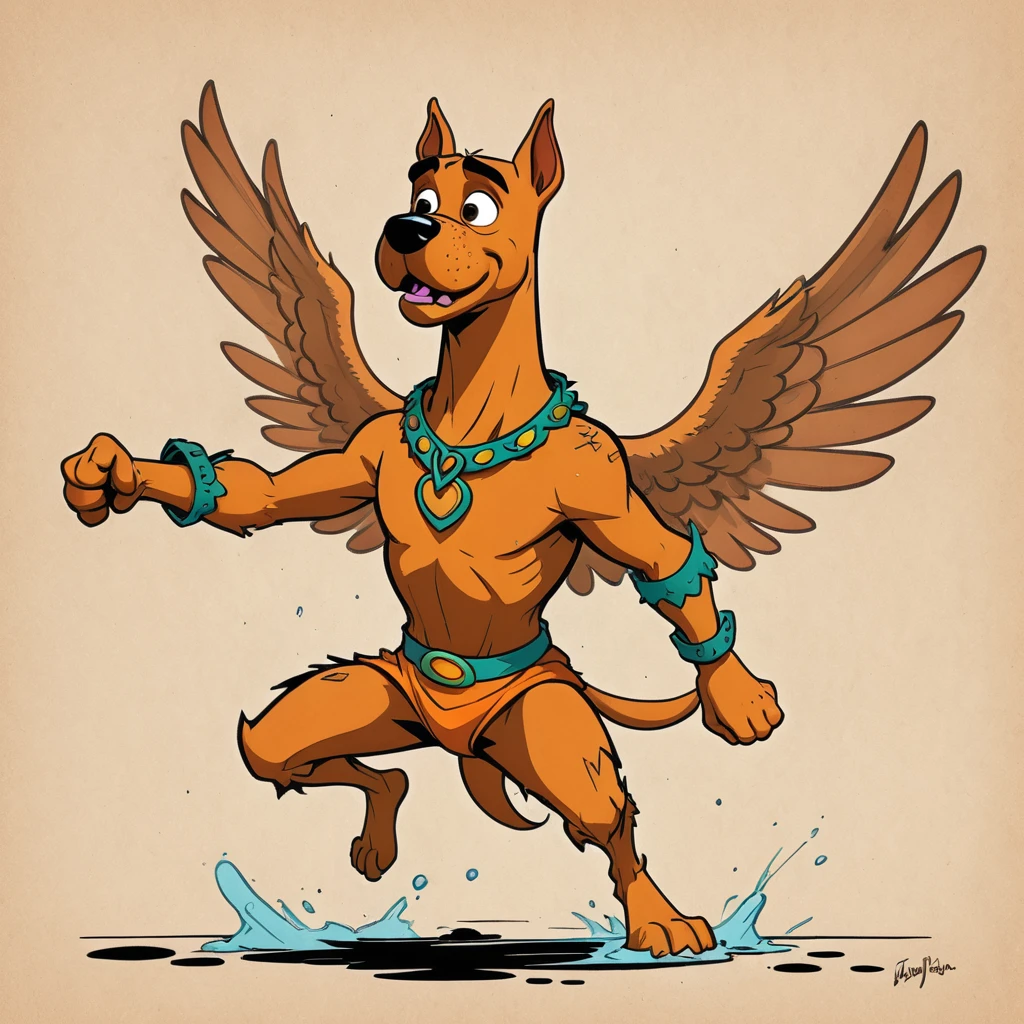1960s design, vintage retro scrappy doo,  screen grab Scooby Doo TV show, solid color design, 1960's Scooby Doo color style, expressive sketch bold ink lines, upright fists up to box, fighting stance, splash page comic, distinct scrappy doo design and iconic resemblance to the character scrappy doo, alone solo Scrappy Doo, flying, with wings, winged scrappy doo, ornate detailed feathers on wings, clearly scrappy doo, short small dog Scooby Doo distinct to original cartoon,  scene is minimal, serene, perfect, strange, candid, cinematic, surreal, and timeless. The style is a mix of realism and cartoon, with 90s comic aesthetics, expressive ink work, cinematic compositions, and nuanced details. The style is reminiscent of Joelle Jones and 90's scooby doo animated tv show,  scooby doo distinct art style,
