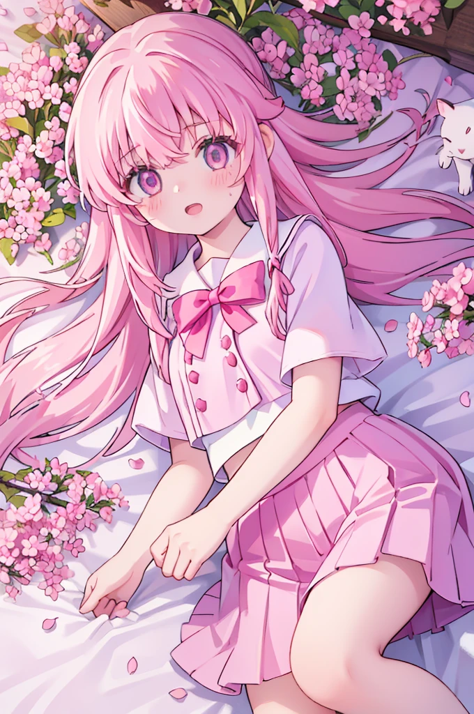 1girl solo pink hair, pink eyes with love, detailed eyes, straight hair, straight bangs, shiny hair,
,red bowtie,purple skirt,purple shirt,pleated skirt,short sleeves,looking at the bottom, laughter , open mouth, pink sakura trees and pink grass, in the middle of the sakura trees, laying down in the pink grass with pink flower petals on the ground while huggging a white cat, high-definition,masterpiece, masterpiece, best quality, high resolution, aabeta, double, slim waist, cute, sailor uniform (PastelColors: 1.3)