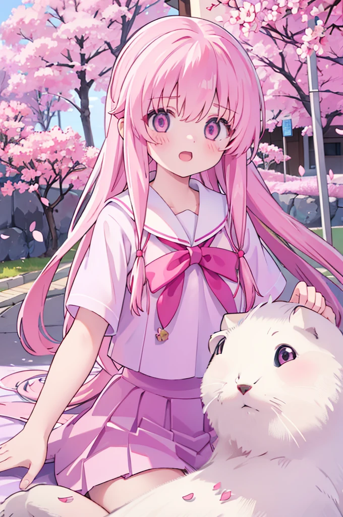 1girl solo pink hair, pink eyes with love, detailed eyes, straight hair, straight bangs, shiny hair,
,red bowtie,purple skirt,purple shirt,pleated skirt,short sleeves,looking at the bottom, laughter , open mouth, pink sakura trees and pink grass, in the middle of the sakura trees, laying down in the pink grass with pink flower petals on the ground while huggging a white cat, high-definition,masterpiece, masterpiece, best quality, high resolution, aabeta, double, slim waist, cute, sailor uniform (PastelColors: 1.3)