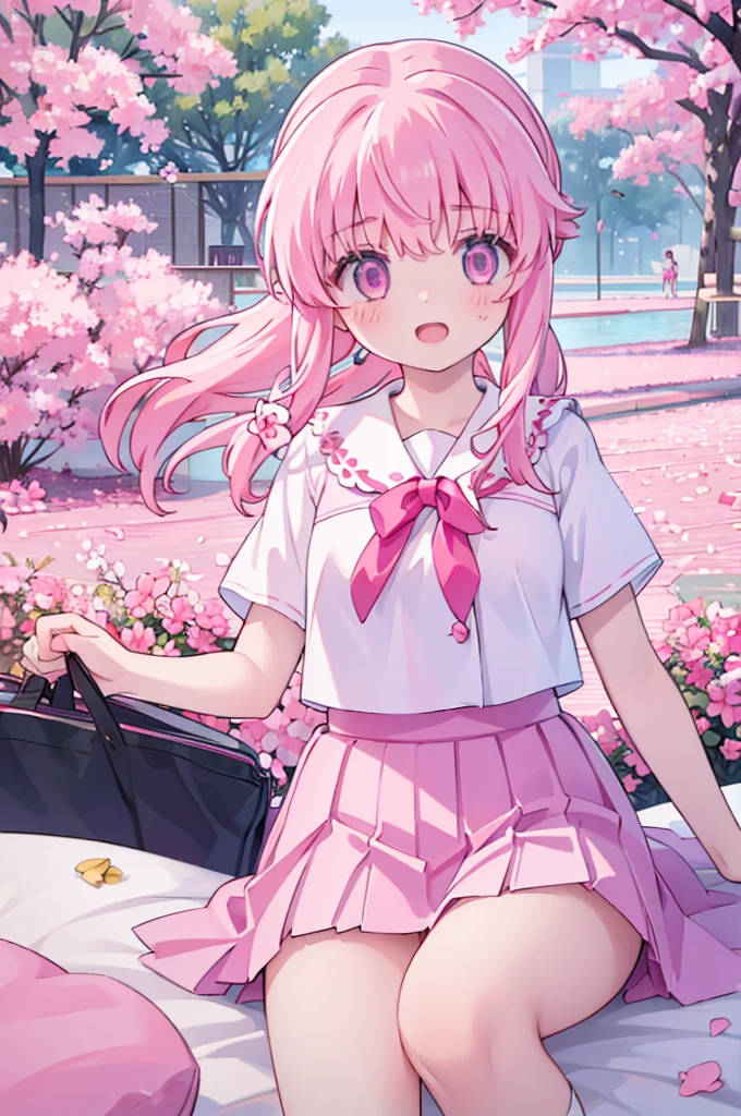 1girl solo pink hair, pink eyes with love, detailed eyes, straight hair, straight bangs, shiny hair,
,red bowtie,purple skirt,purple shirt,pleated skirt,short sleeves,looking at the bottom, laughter , open mouth, pink sakura trees and pink grass, in the middle of the sakura trees, laying down in the pink grass with pink flower petals on the ground while huggging a white cat, high-definition,masterpiece, masterpiece, best quality, high resolution, aabeta, double, slim waist, cute, sailor uniform (PastelColors: 1.3)