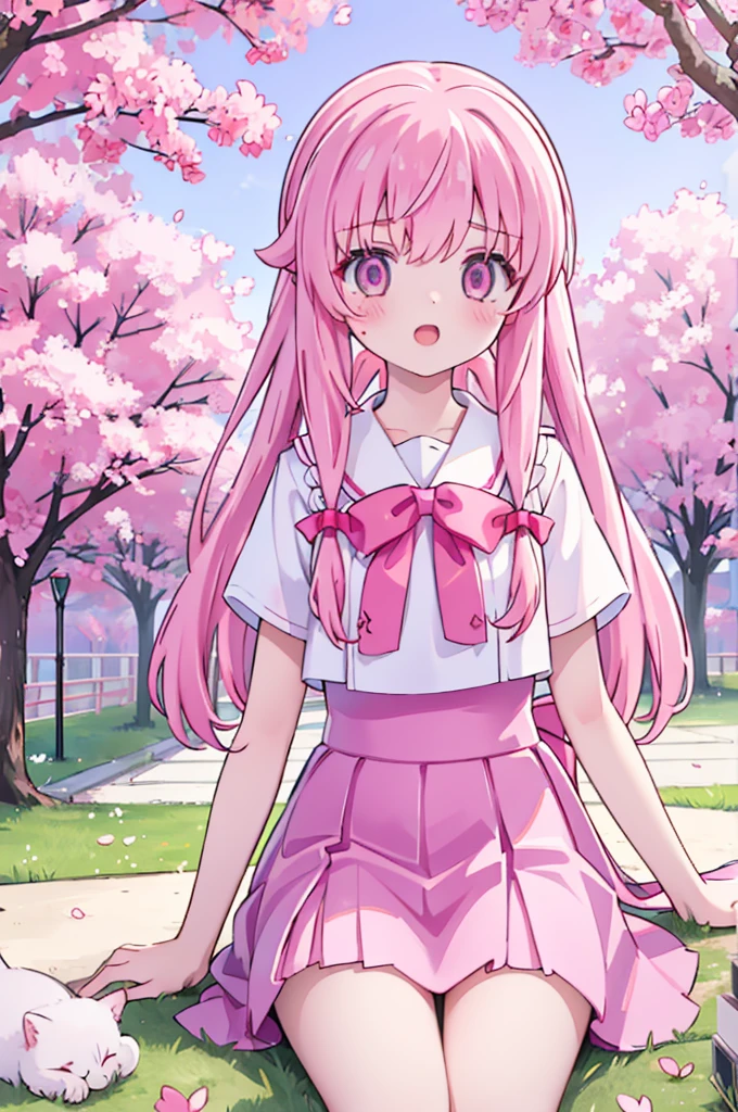 1girl solo pink hair, pink eyes with love, detailed eyes, straight hair, straight bangs, shiny hair,
,red bowtie,purple skirt,purple shirt,pleated skirt,short sleeves,looking at the bottom, laughter , open mouth, pink sakura trees and pink grass, in the middle of the sakura trees, laying down in the pink grass with pink flower petals on the ground while huggging a white cat, high-definition,masterpiece, masterpiece, best quality, high resolution, aabeta, double, slim waist, cute, sailor uniform (PastelColors: 1.3)