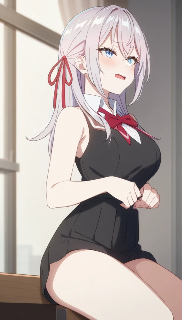 Best Quality, (Masterpiece:1.2), High Detailed, Cat Ears, 1girl, solo, tojo koneko, white hair, short hair, hair decoration, erotica, sleeveless, bare legs, healthy skin,(( cum, cum on face, after sex)) ,(( from behind))