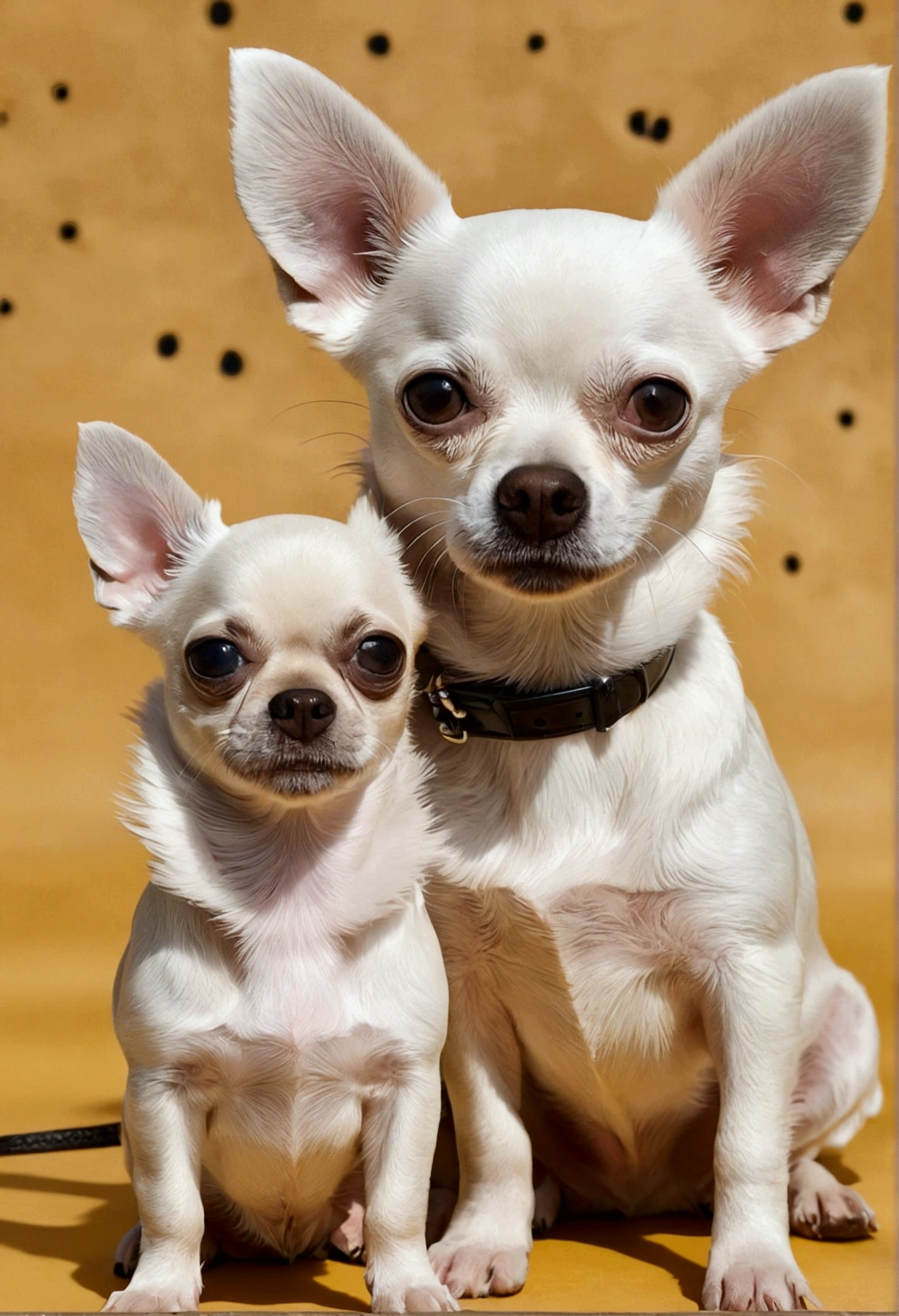 Facebook post of two puppies, one a white Chihuahua, with a black spot on the eye and right ear and a large beige and white mixed breed dog, At the top a title in Spanish, the title will say: canine aesthetics wet paws.