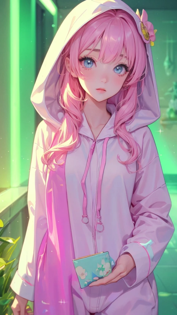 adult  woman, Age 22; long hair, pretty and pink, curly hair; light yellow eyes, angelic and beautiful face with flushed cheeks, rosto ultra detaild; (( wearing cute hooded kigurumi pajamas )); best qualityer, ultra detaild, best resolution, 4K, soft strokes, role model, work of art, closes; dimly lit room in the background