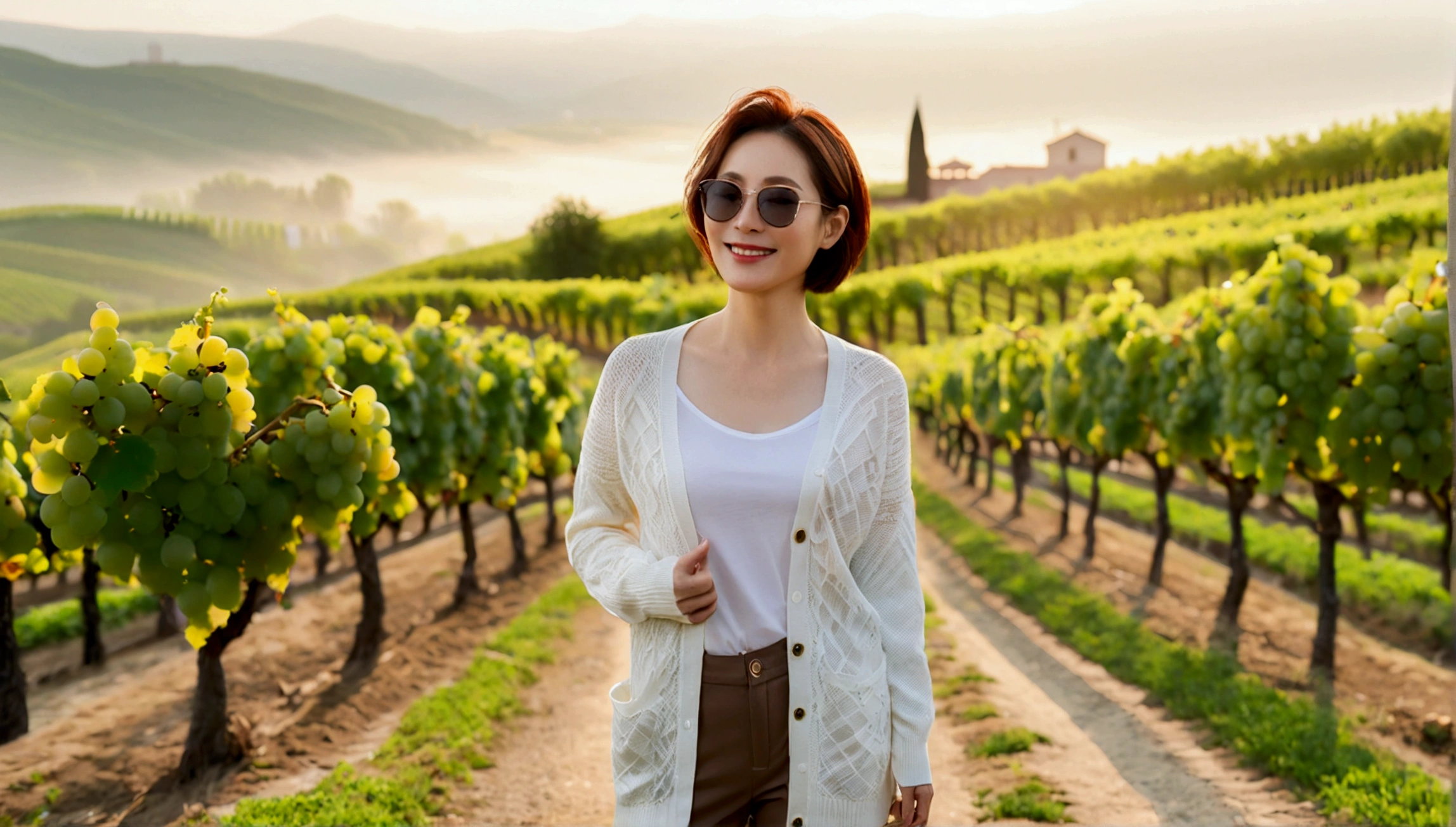 8k best picture quality, Beautiful 36-year-old Korean woman, Chest size 34 inches, northern italy countryside dawn, View of the cathedral next to the vineyards, The back background is realistic and vivid quality., Short hair, High-end luxury brand white shirt and cardigan, Wear casual pants, Smile slightly. the background is clear, It is spring, when grapes have not yet ripened. Standing on a hill on a curved path overlooking a vineyard covered in thick fog, Clear picture quality, Wear high-end luxury brand sunglasses, sunglasses with clear lines, Spring landscape without grapes,
