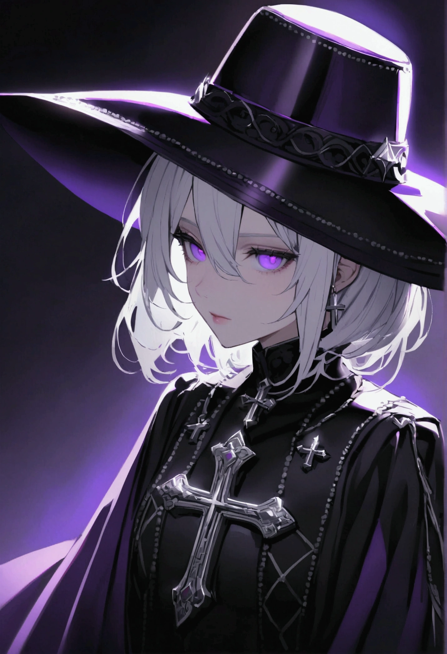 A thin white woman, with long silvery white hair, purples eyes, black outfit with silver cross details, black and purple cover, hat with long brim black and purple, holding a black and silver sword in the shape of a cross