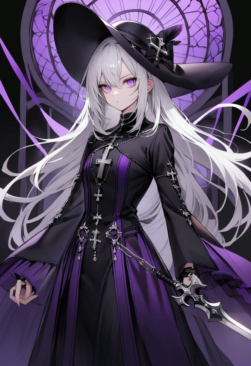 A thin white woman, with long silvery white hair, purples eyes, black outfit with silver cross details, black and purple cover, hat with long brim black and purple, holding a black and silver sword in the shape of a cross
