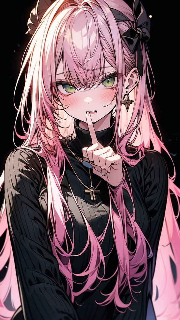 (Top resolution、Distinct_image)top-quality、(A girl) 、​masterpiece、(green eyes) ,highly detailed, half body, Semi-realistic 、18year old,
 ( pink  hair ) ,young 、Exquisite facial 
An expression of shy, Shy girl,
 ,Facial features ,variation potrait, long  hair  , teenage, cool , cold sharp eyes, , {Very detailed 8k CG unit wallpaper}, students, whit oversized shirt ,library background, (black sweater on top)