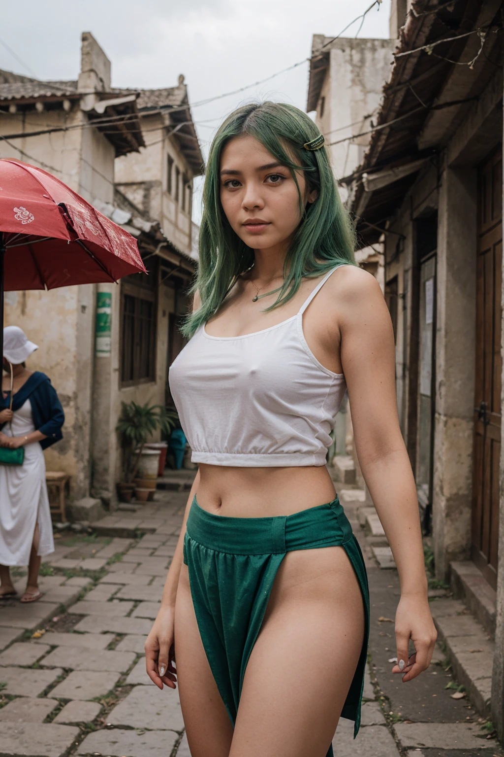 21yo girl, green hair,Old city of Bagan, background,She is wearing Myanmar Traditional outfit.longyi, slippersand hold Pathein umbrella.