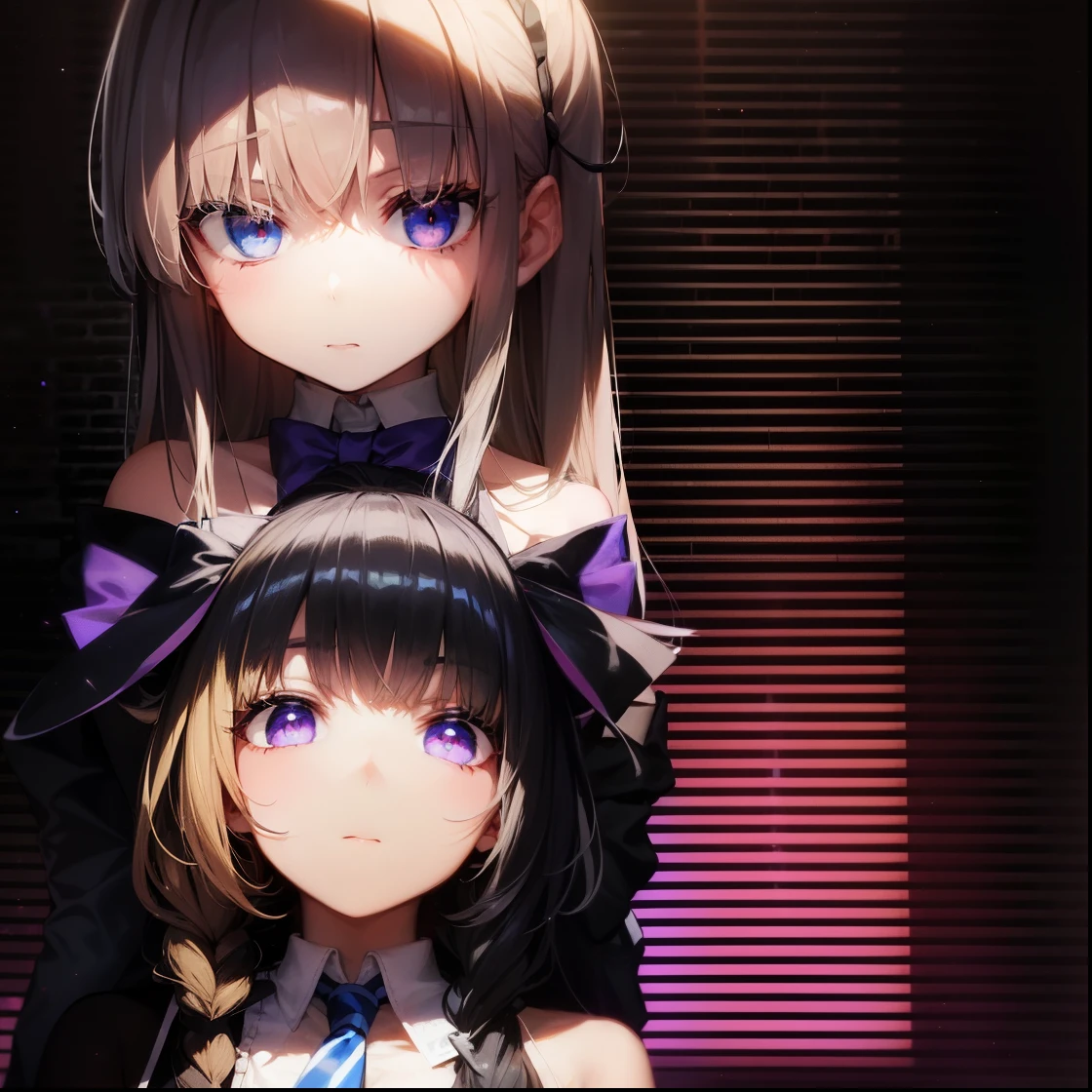 2girls, bare shoulders, black hair, blonde hair, blue eyes, bow, bowtie, covering one eye, detached collar, hair ribbon, hand over eye, jacket, long hair, looking at viewer, multiple girls, necktie, purple eyes, ribbon, , shirt, striped, v, v over eye
