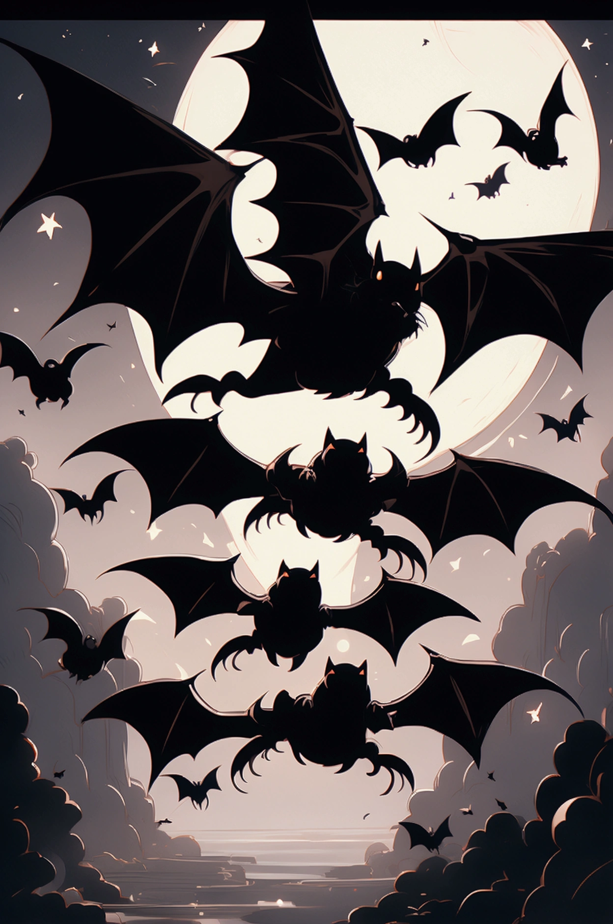 Black bats flying in the moonlight.