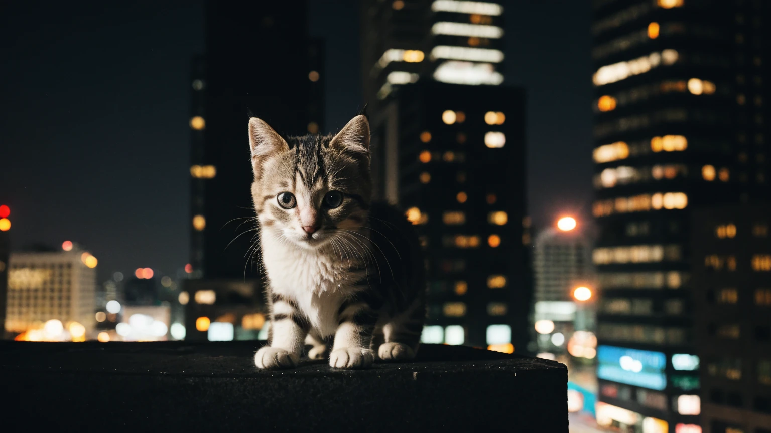 landscape, no one, city, skyscrapers, roof of a tall building, front view, a kitten stands on the parapet looking down, night,, illustration, cinematic lighting, close-up, from above, blurry, first-person view, UHD, best quality, 4K