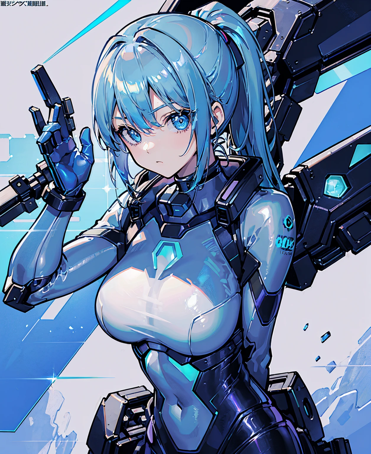 ((Holographic glow effect)),Blue Hair、Masterpiece、Best Quality、1 girl、Medium breast、((Album cover))、Light on Face、Slim Body、Blue Costume、Exoskeleton、metal Gear、Cyberpunk Style、ponytail、The Gundam pilot、attention arousal，Ride a fighter