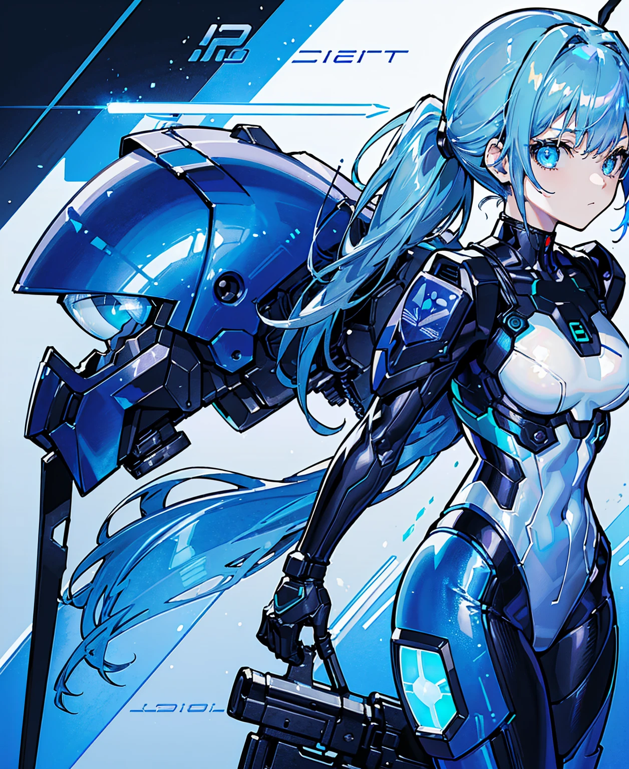 ((Holographic glow effect)),Blue Hair、Masterpiece、Best Quality、1 girl、Medium breast、((Album cover))、Light on Face、Slim Body、Blue Costume、Exoskeleton、metal Gear、Cyberpunk Style、ponytail、The Gundam pilot、attention arousal，Ride a fighter