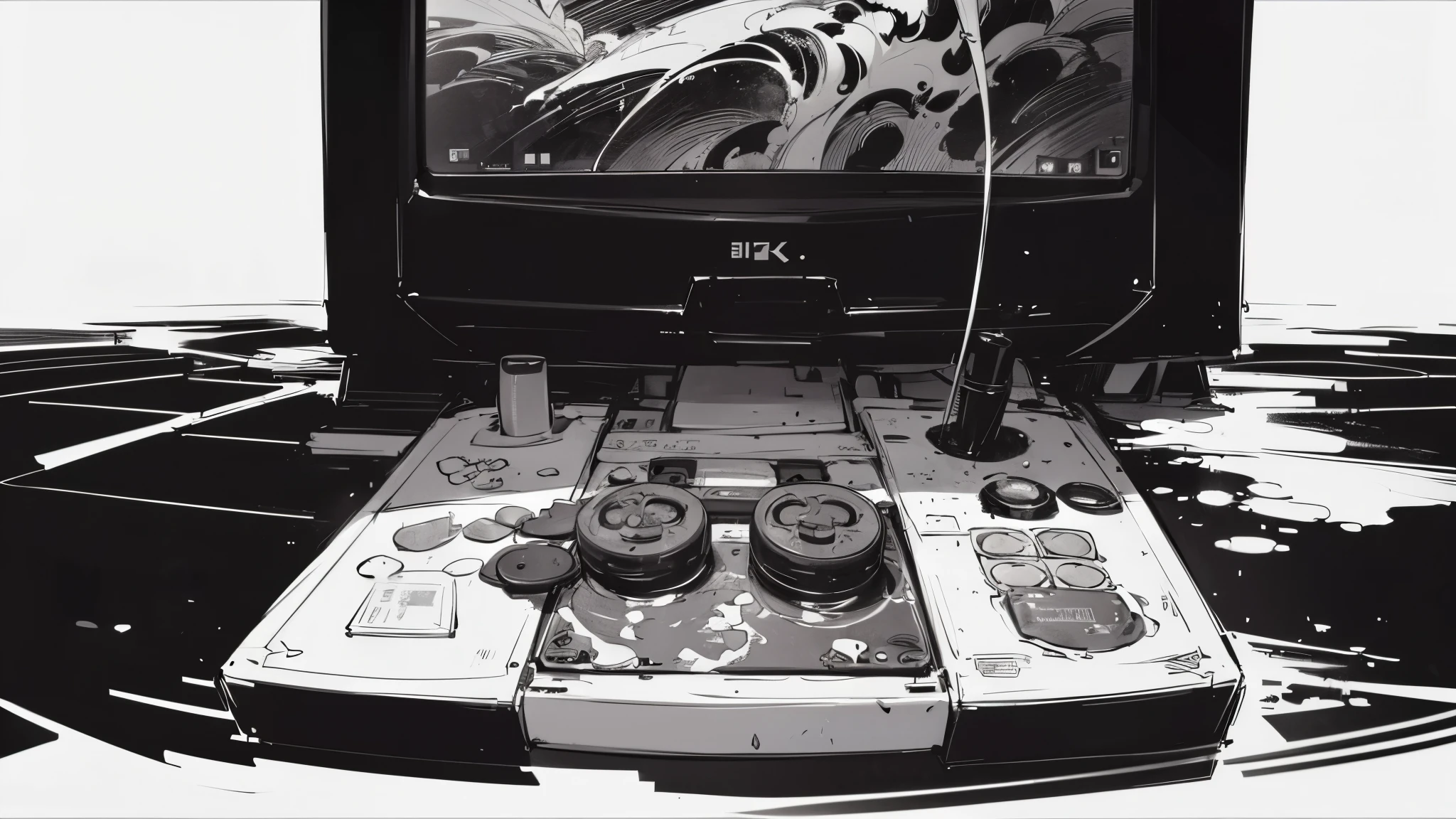 arcade stick, gaming, square pixels, arcade machine, retro, gaming controller, ink splatter, ink, black and white illustration, sketch, highly detailed, high quality, masterpiece, inky, line art, strong line art, flowing, beautiful, picturesque