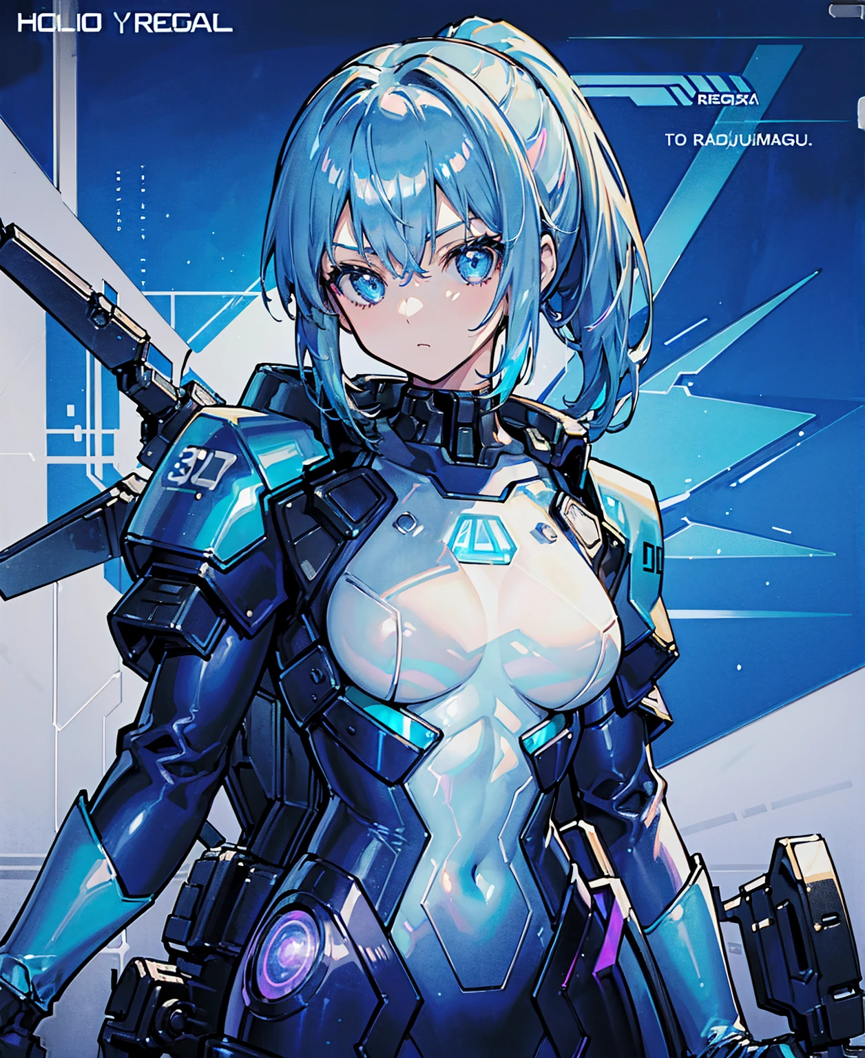 ((Holographic glow effect)),Blue Hair、Masterpiece、Best Quality、1 girl、Medium breast、((Album cover))、Light on Face、Slim Body、Blue Costume、Exoskeleton、metal Gear、Cyberpunk Style、ponytail、The Gundam pilot、attention arousal，Ride a fighter