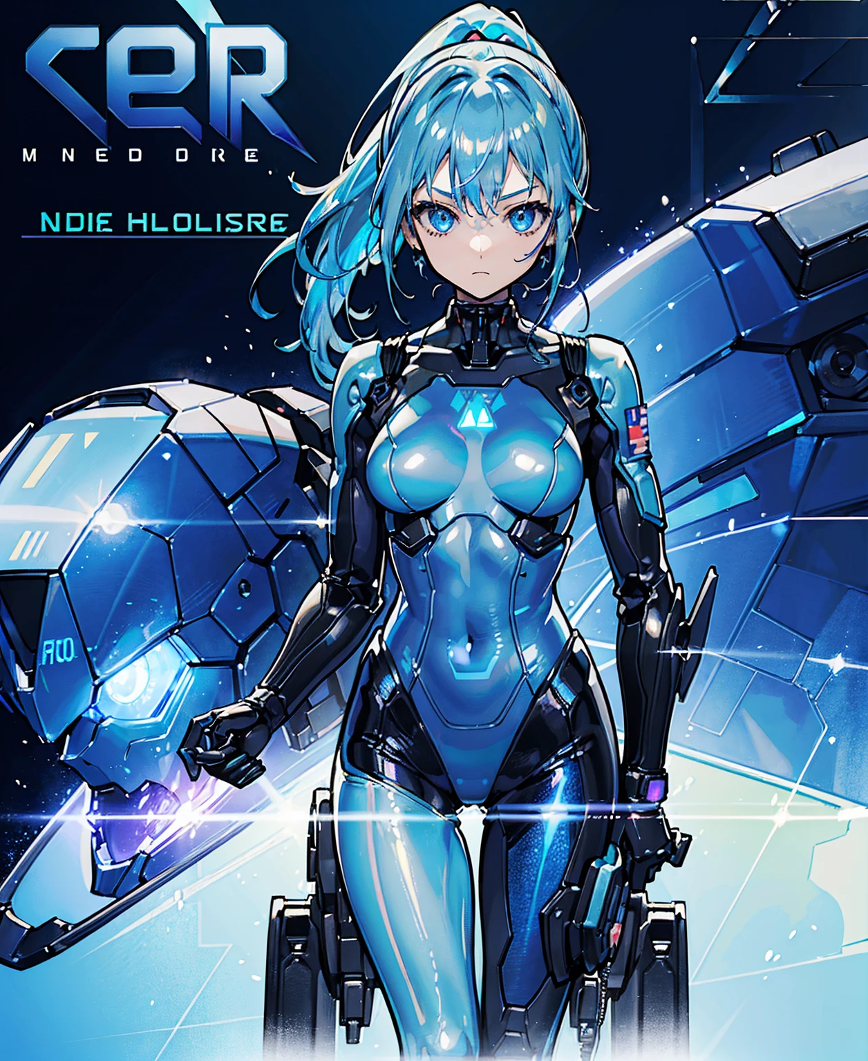 ((Holographic glow effect)),Blue Hair、Masterpiece、Best Quality、1 girl、Medium breast、((Album cover))、Light on Face、Slim Body、Blue Costume、Exoskeleton、metal Gear、Cyberpunk Style、ponytail、The Gundam pilot、attention arousal，Ride a fighter