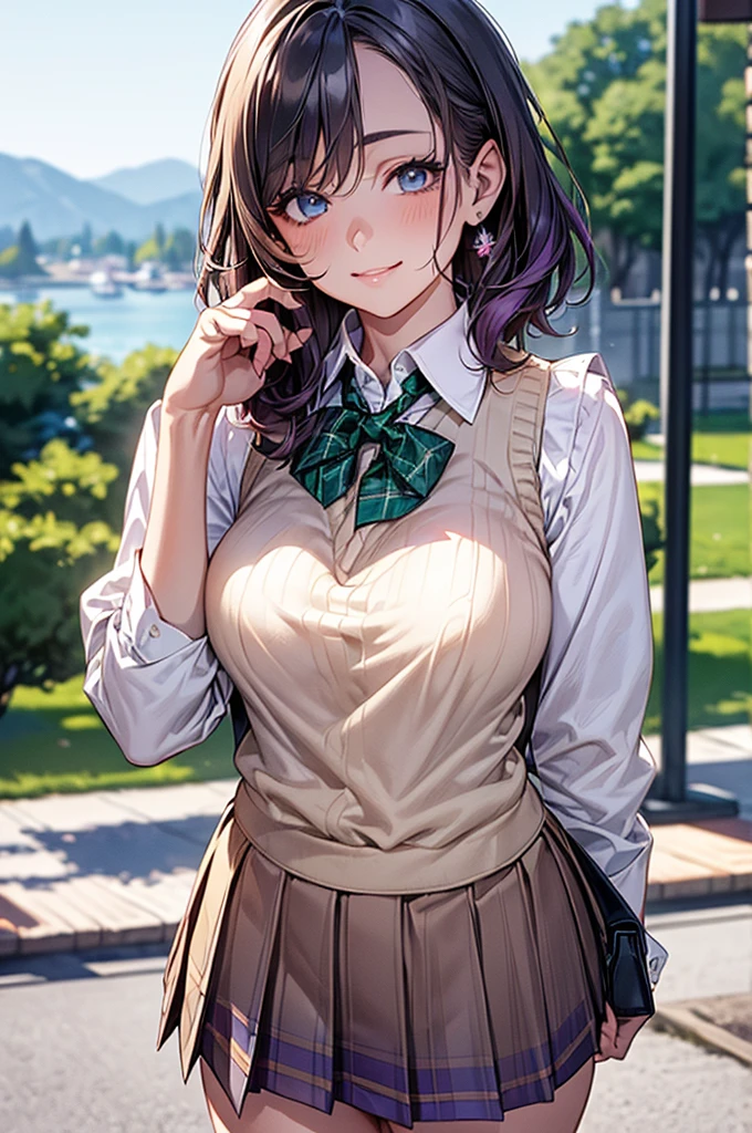 (masterpiece:1.2, Highest quality), (Realistic, photoRealistic:1.4), Beautiful illustrations, (Natural Side Lighting, Cinema Lighting), View your viewers, Cowboy Shot, Front view:0.6, 1 girl, Japanese, high school girl, Perfect Face, Cute and symmetrical face, Glowing Skin, (Mid-length hair:1.5, short hair:1.4, Purple Hair), Parted bangs, Light blue eyes, Long eyelashes, (Large Breasts:0.9, Thick thighs), Beautiful Hair, Beautiful Face, Beautiful attention to detail, Beautiful clavicle, Beautiful body, Beautiful breasts, Beautiful thighs, Beautiful feet, Beautiful fingers, ((Light blue long sleeve collared shirt, Blue checked pleated mini skirt, socks, Brown Loafers, emerald green bow tie, Beige sleeveless knit vest)), Pink Panties, (Beautiful views), evening, River side, walk, Place your hand on your chest, (Cute smile, Upward glance),