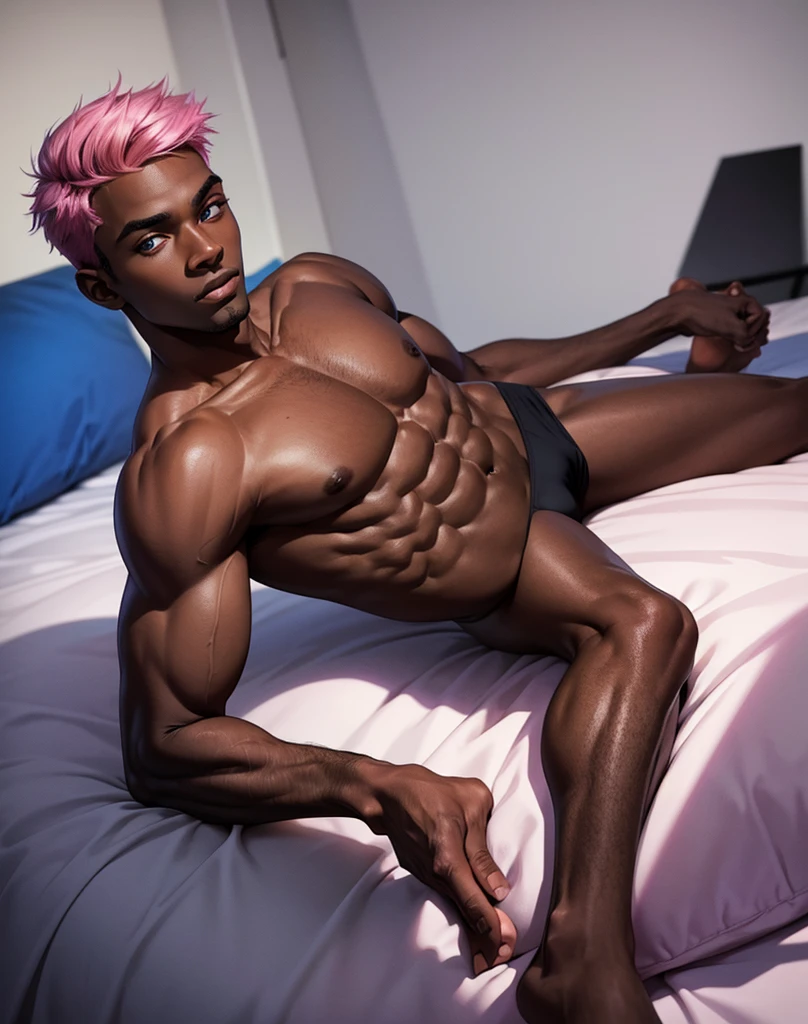 black tall man very short hair lying on bed naked, super dark skin, muscle, black skin, pink hair, blue eyes, feet,