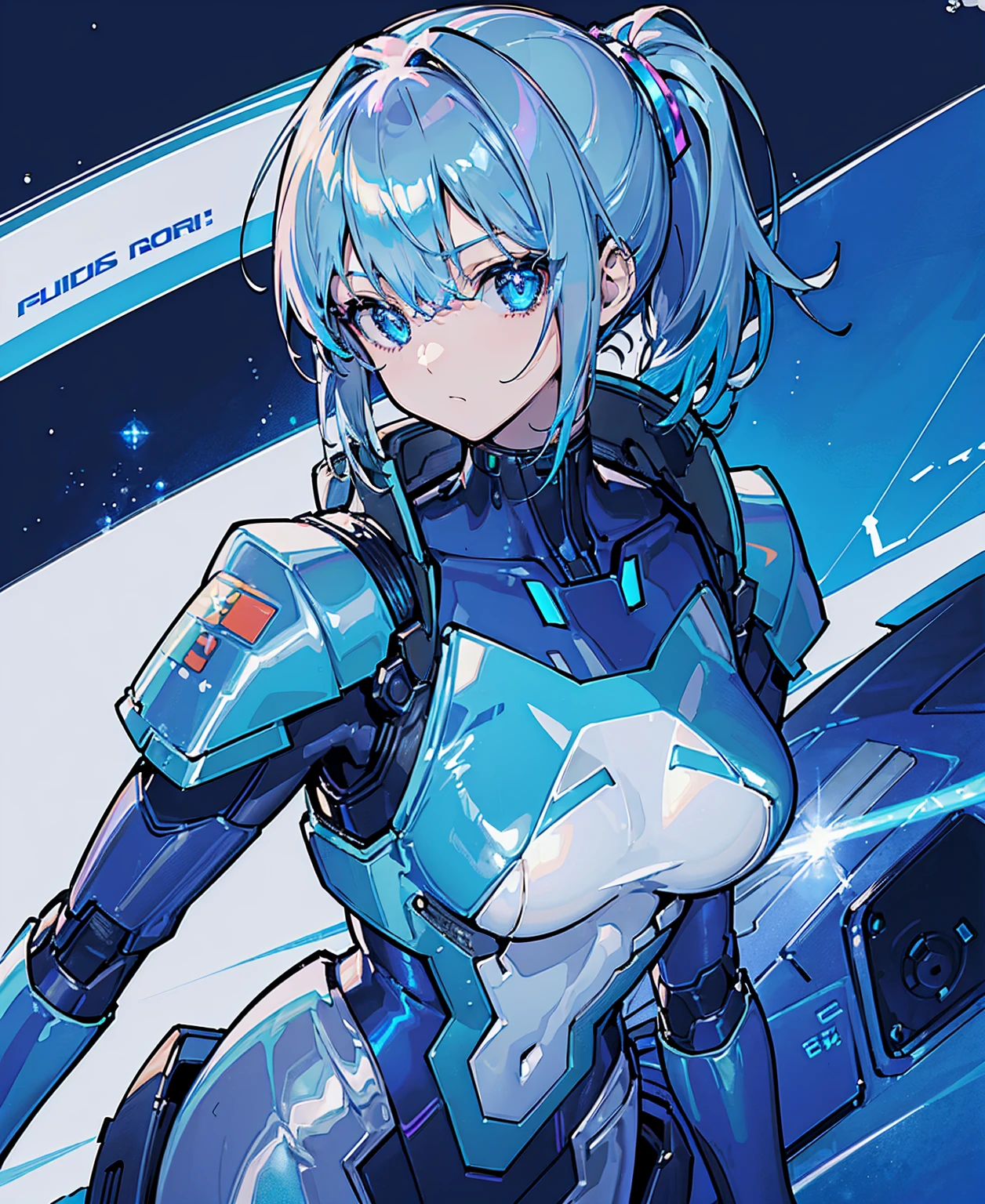 ((Holographic glow effect)),Blue Hair、Masterpiece、Best Quality、1 girl、Medium breast、((Album cover))、Light on Face、Slim Body、Blue Costume、Exoskeleton、metal Gear、Cyberpunk Style、ponytail、The Gundam pilot、attention arousal，Ride a fighter