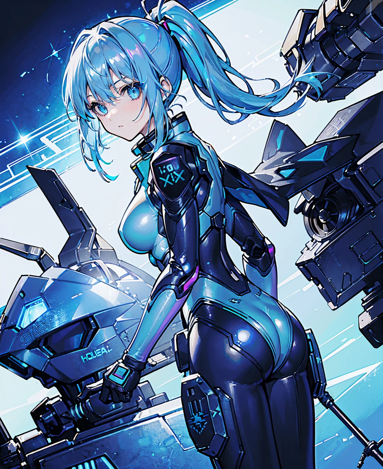 ((Holographic glow effect)),Blue Hair、Masterpiece、Best Quality、1 girl、Medium breast、((Album cover))、Light on Face、Slim Body、Blue Costume、Exoskeleton、metal Gear、Cyberpunk Style、ponytail、The Gundam pilot、attention arousal，Ride a fighter