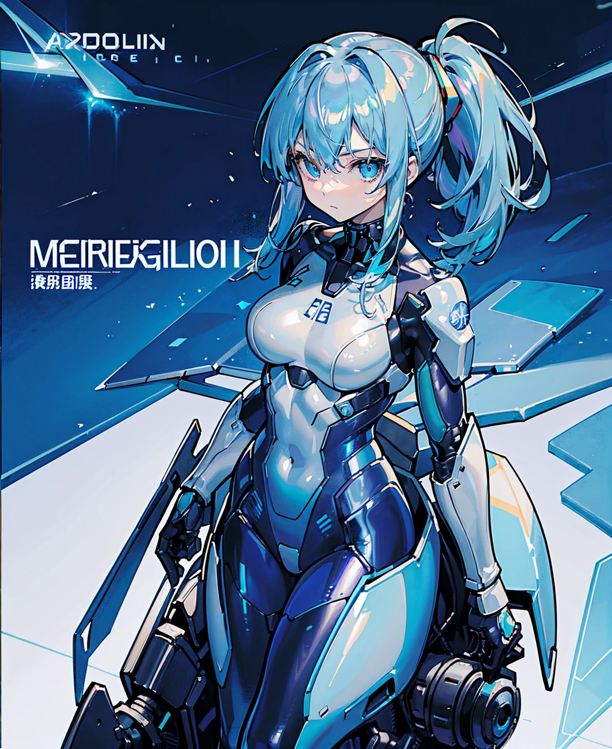 ((Holographic glow effect)),Blue Hair、Masterpiece、Best Quality、1 girl、Medium breast、((Album cover))、Light on Face、Slim Body、Blue Costume、Exoskeleton、metal Gear、Cyberpunk Style、ponytail、The Gundam pilot、attention arousal,Ride a fighter