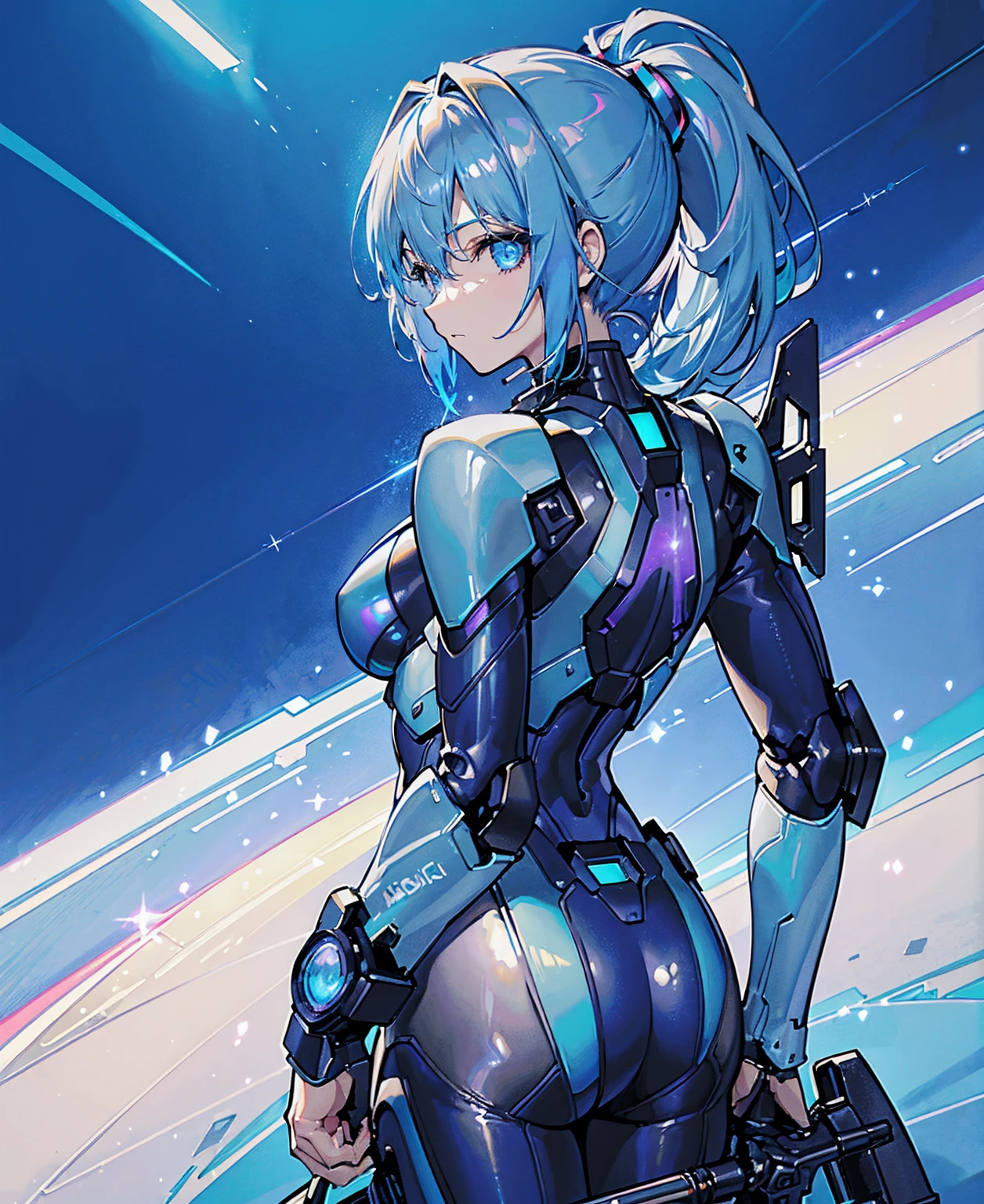 ((Holographic glow effect)),Blue Hair、Masterpiece、Best Quality、1 girl、Medium breast、((Album cover))、Light on Face、Slim Body、Blue Costume、Exoskeleton、metal Gear、Cyberpunk Style、ponytail、The Gundam pilot、attention arousal,Ride a fighter