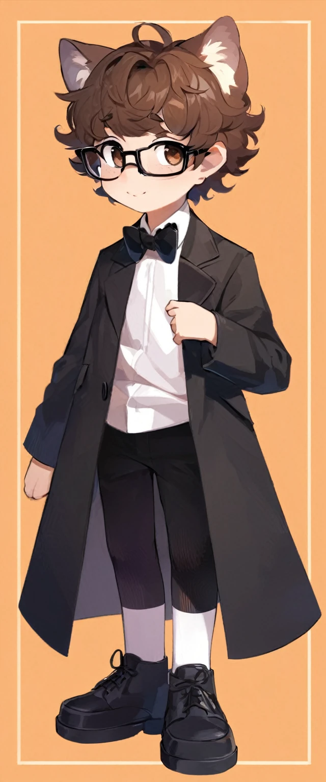 1boy, brown hair, short curly hair, brown eyes, glasses, nerd, white shirt, black bow tie, black coat, black pants, white socks, black shoes, orange background, furry style