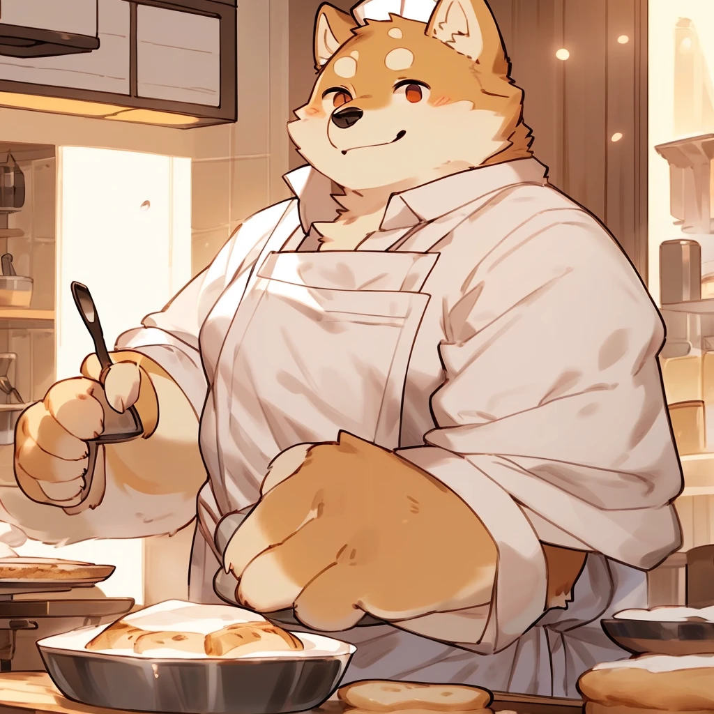 By bebebebebe, por spuydjeks, by buta99, por spikedmauler. shiba inu male furry deep red, works as a chef,illustration,pastel colours,vibrant and lively,Realistic lighting,detailed skin texture,cute chef hat,Nice apron,holding a spatula and a pot,cooking delicious food,baking bread with a smile,flour and ingredients scattered on the counter,(Best Quality,4k,8k,High resolution,masterpiece:1.2),ultra detailed,professional,bokeh