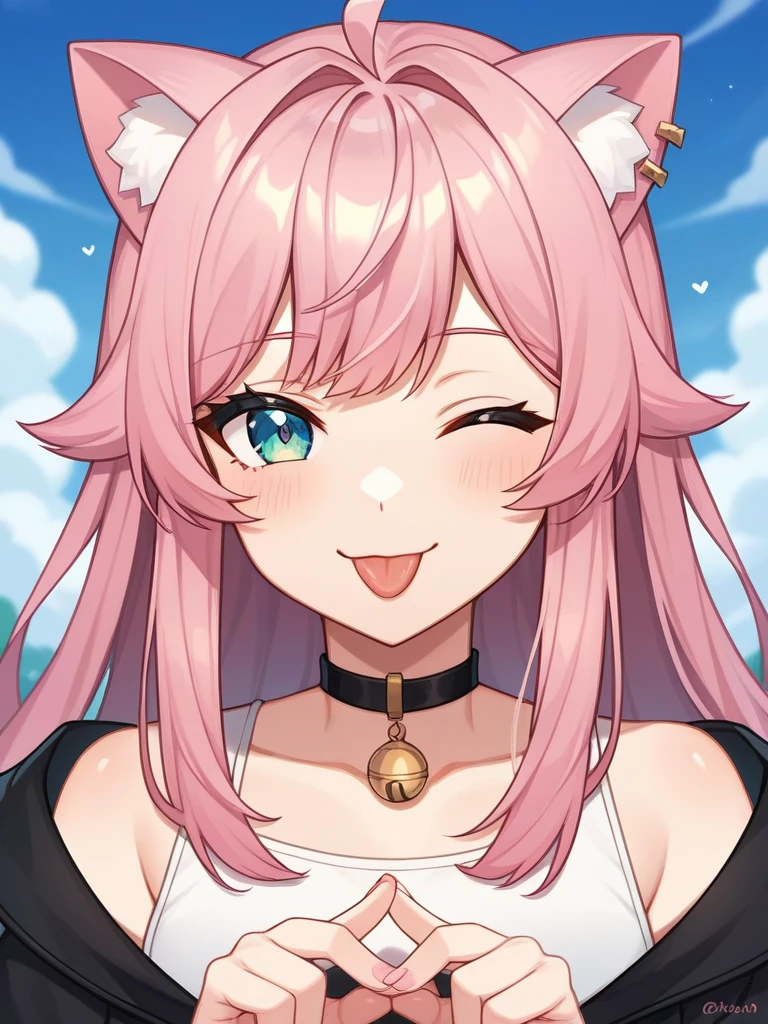 Adult, Female, long pink hair, winking, smiling, tongue out, vtuber, otaku bedroom, Masterpiece, Accurate, Anatomically Correct, Best Quality, High Details, Detail, Super Detailed, Best detail, Perfect detail, Amazing detail, [-3, 3], perfect hands, best hands, best fingers, perfect fingers, perfect body, best body, amazing body, Looking at viewer, front facing, upper body shot, Cat Ears, Close-Up,