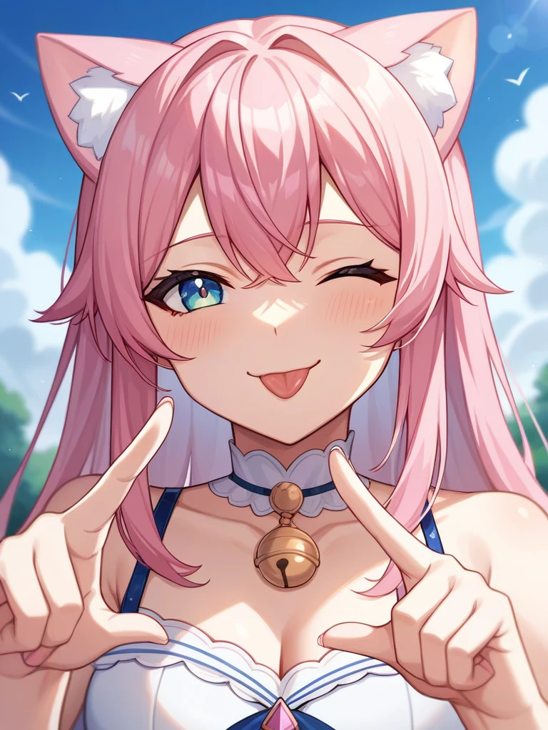 Adult, Female, long pink hair, winking, smiling, tongue out, vtuber, otaku bedroom, Masterpiece, Accurate, Anatomically Correct, Best Quality, High Details, Detail, Super Detailed, Best detail, Perfect detail, Amazing detail, [-3, 3], perfect hands, best hands, best fingers, perfect fingers, perfect body, best body, amazing body, Looking at viewer, front facing, upper body shot, Cat Ears, Close-Up,