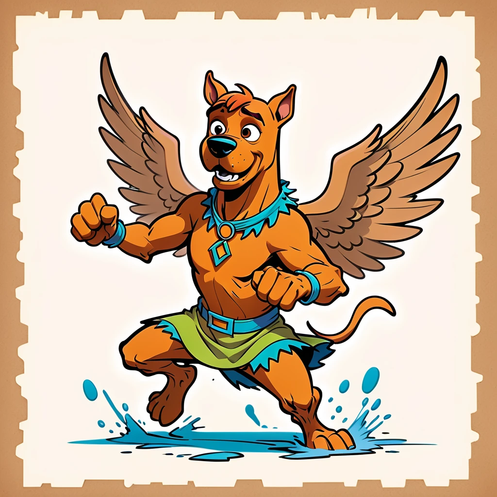 1960s design, vintage retro scrappy doo, screen grab Scooby Doo TV show, solid color design, 1960's Scooby Doo color style, expressive sketch bold ink lines, upright fists up to box, fighting stance, splash page comic, distinct scrappy doo design and iconic resemblance to the character scrappy doo, alone solo Scrappy Doo, flying, with wings, winged scrappy doo, ornate detailed feathers on wings, clearly scrappy doo, short small dog Scooby Doo distinct to original cartoon, scene is minimal, serene, perfect, strange, candid, cinematic, surreal, and timeless. The style is a mix of realism and cartoon, with 90s comic aesthetics, expressive ink work, cinematic compositions, and nuanced details. The style is reminiscent of Joelle Jones and 90's scooby doo animated tv show, scooby doo distinct art style,