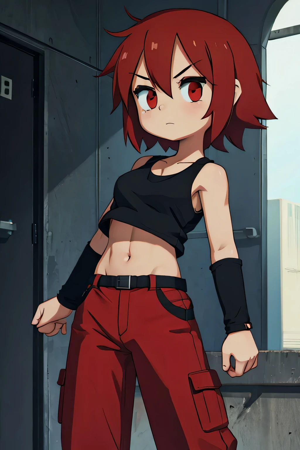 Anime Short red hair Boyish Small breasts Black tank top Navel-baring abs Girl Red long sleeves and pants