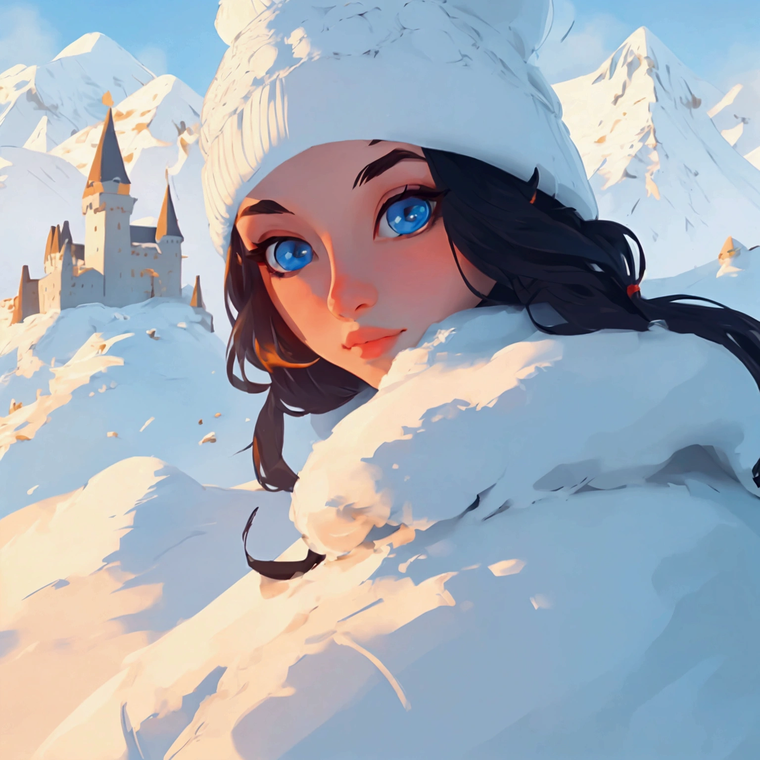 ((master piece)),best quality, illustration, dark, 1girl, In the wilderness,High mountain,Snow-capped mountains in the distance, castle, beautiful detailed eyes, beautiful detailed hair,