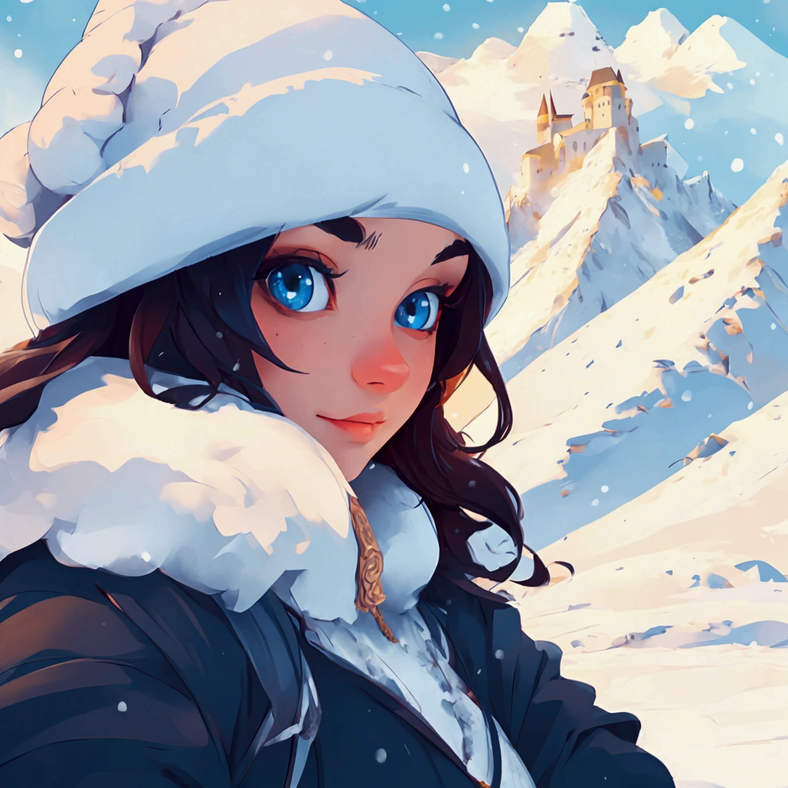 ((master piece)),best quality, illustration, dark, 1girl, In the wilderness,High mountain,Snow-capped mountains in the distance, castle, beautiful detailed eyes, beautiful detailed hair,