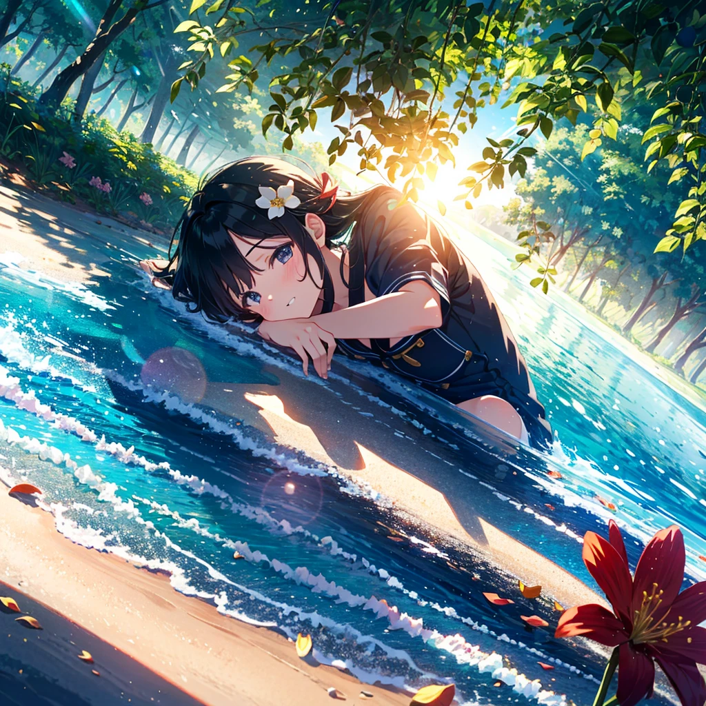Adopted, colorful, very aesthetic, absurdes, masterpiece, top quality, Temporary, very delicate, high fantasy theme, , bionde, long hair, small breasts, hair ornament, Outdoors, Refreshing, Tyndall phenomenon, Lens flare, Movie shadow, Depth of field, Morning dew, Looking from the side, Cute, Wonderful, Beautiful, Dynamic angle, 1 girl, 7 years old, (Young: 2.0) , 独奏, grinning, beach, (比基尼), lots of flowers, hot, sunlight, Tyndall phenomenon,color々Perspective,