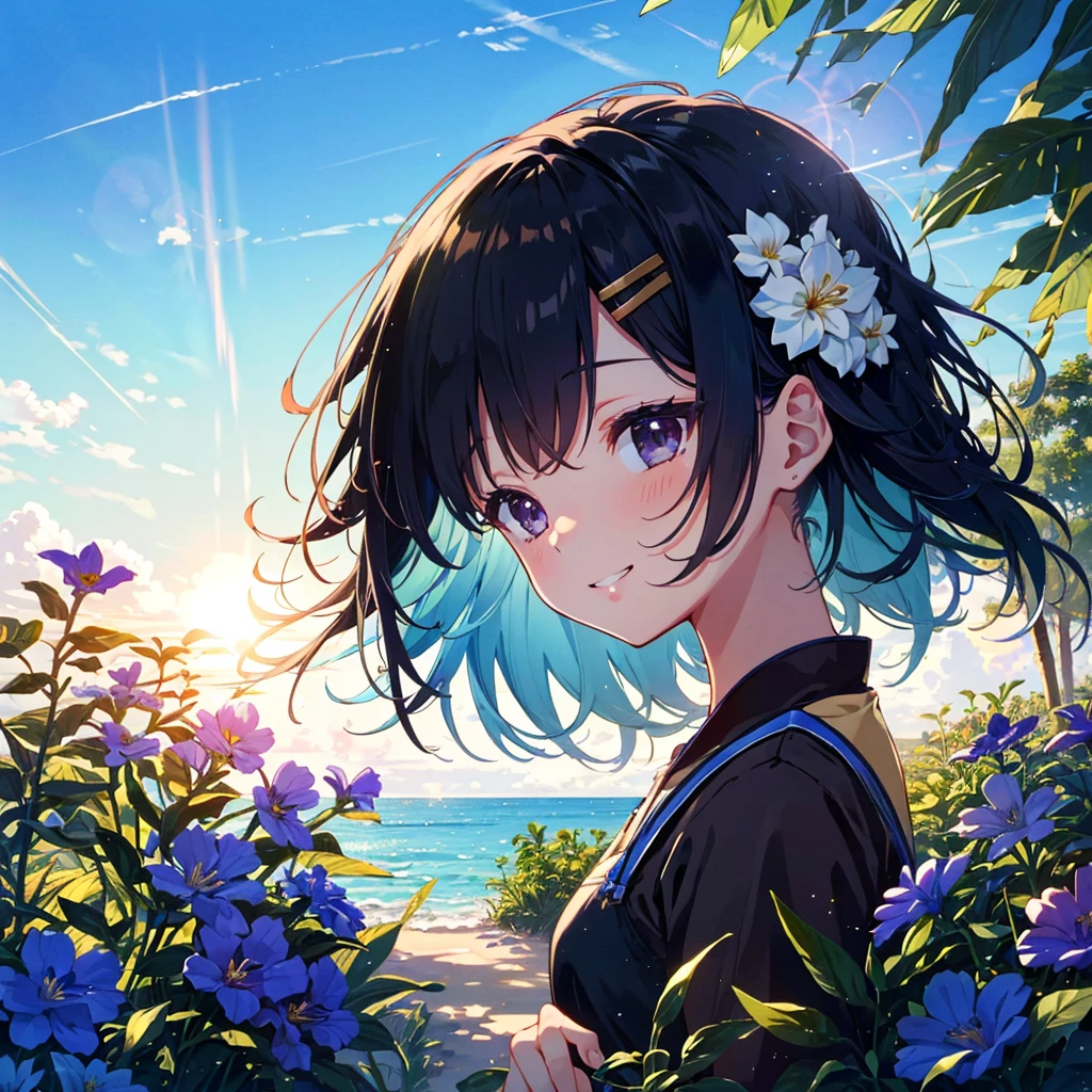 Adopted, colorful, very aesthetic, absurdes, masterpiece, top quality, Temporary, very delicate, high fantasy theme, , bionde, long hair, small breasts, hair ornament, Outdoors, Refreshing, Tyndall phenomenon, Lens flare, Movie shadow, Depth of field, Morning dew, Looking from the side, Cute, Wonderful, Beautiful, Dynamic angle, 1 girl, 7 years old, (Young: 2.0) , 独奏, grinning, beach, (比基尼), lots of flowers, hot, sunlight, Tyndall phenomenon,color々Perspective,